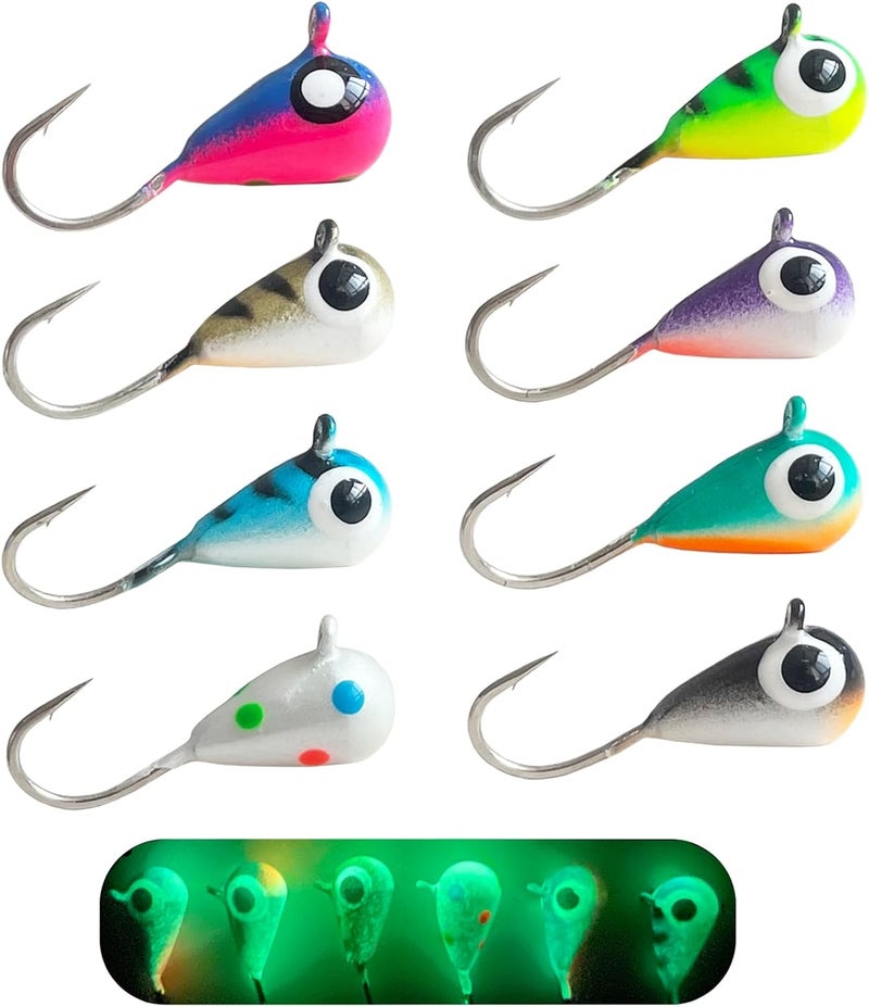 FISHCORNER 8pcs Tungsten Ice Fishing Jigs Set Sensitive Tear Drop Ice Fishing Jig Head Glow in Dark Ice Fishing Lures for Panfish Crappie Bluegill Walleye - Image 1
